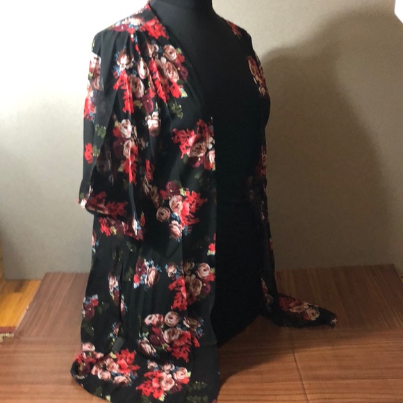 Semi Sheer Black Red Roses Kimono Open Cardigan - Picture 2 of 5